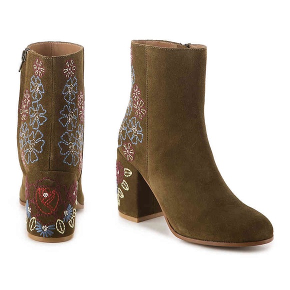 Olive Floral Brocade Genuine Suede Block Heel Boot - Picture 2 of 5